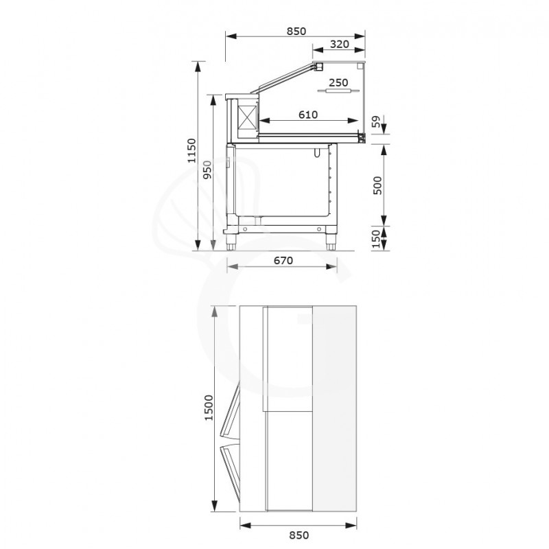 Vetrina refrigerata statica con cella di riserva 2 vani, 1 ripiano, temp. +4°C/+8°C, L 1500 mm