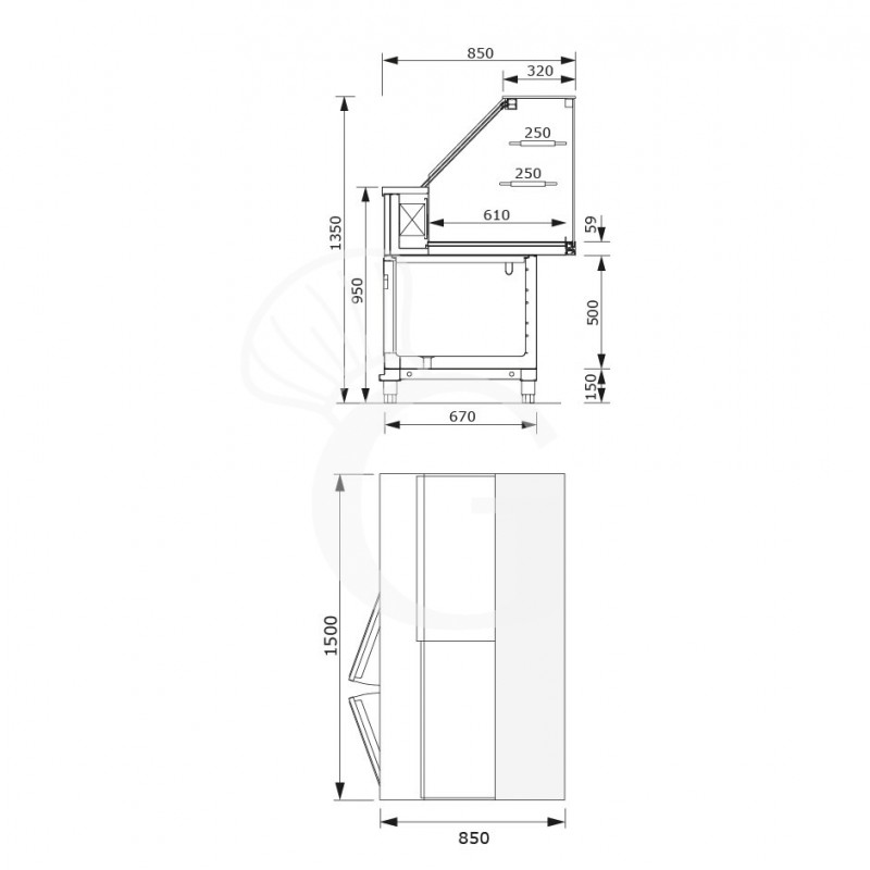 Vetrina refrigerata statica con cella di riserva 2 vani, 2 ripiani, temp. +4°C/+8°C, L 1500 mm