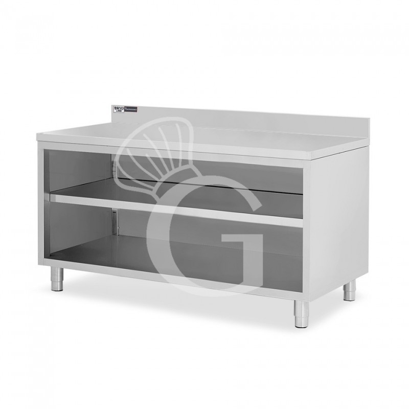 Tavolo a giorno in acciaio inox con 2 ripiani, alzatina L 1900 mm x P 700 mm x H 965 mm