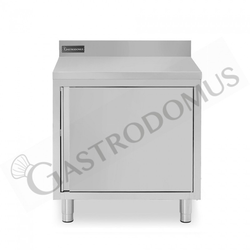 Tavolo armadiato inox con 1 porta battente, alzatina, L 800 mm x P 600 mm x H 950 mm Tavolo armadiato inox con 1 porta battente, alzatina, L 800 mm x P 600 mm x H 950 mm