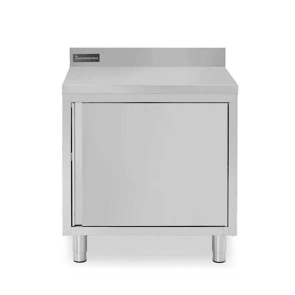 Tavolo armadiato inox con 1 porta battente, alzatina, L 800 mm x P 600 mm x H 950 mm