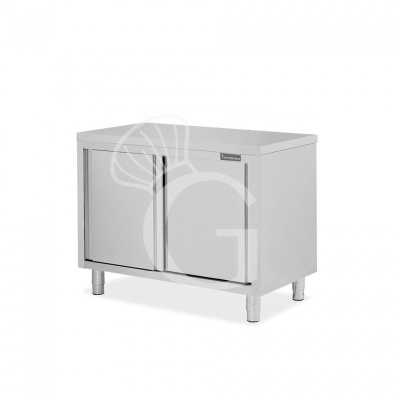 Tavolo armadiato passante in acciaio inox con porte scorrevoli, L 1000 mm x P 600 mm x H 850 mm