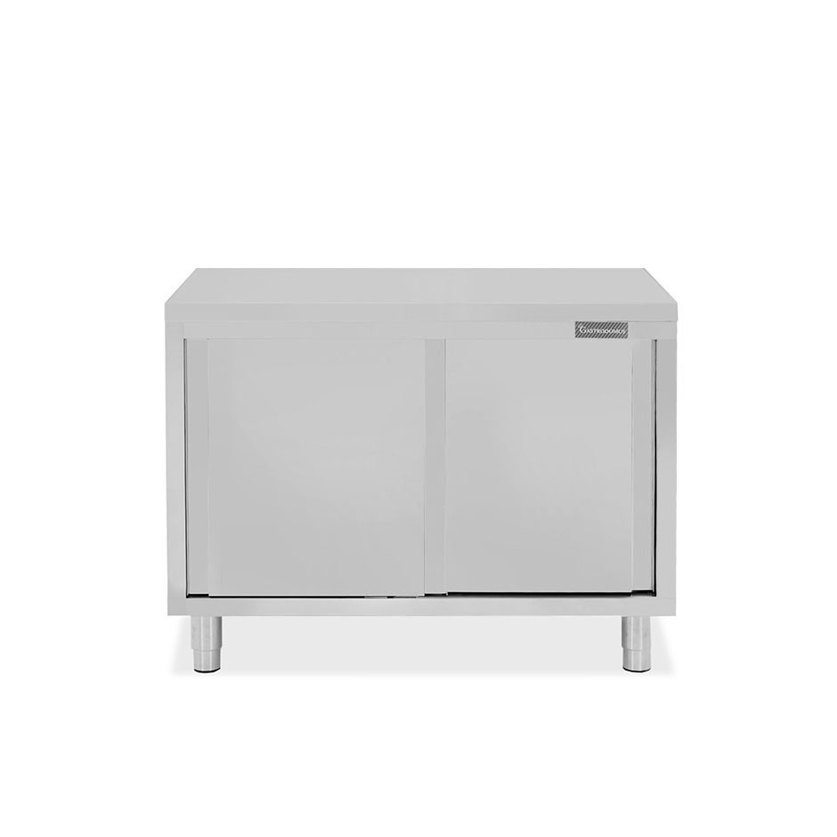Tavolo armadiato passante in acciaio inox con porte scorrevoli, L 1000 mm x P 600 mm x H 850 mm
