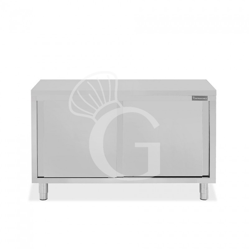 Tavolo armadiato passante in acciaio inox con porte scorrevoli, L 1300 mm x P 600 mm x H 850 mm Tavolo armadiato passante in acciaio inox con porte scorrevoli, L 1300 mm x P 600 mm x H 850 mm