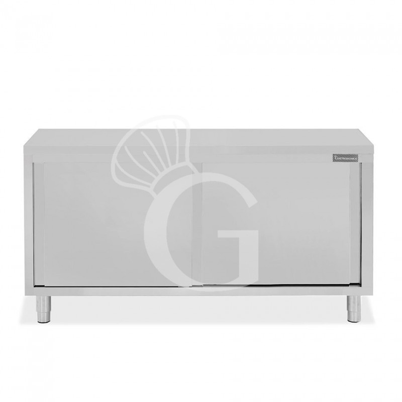 Tavolo armadiato passante in acciaio inox con porte scorrevoli, L 1800 mm x P 700 mm x H 850 mm Tavolo armadiato passante in acciaio inox con porte scorrevoli, L 1800 mm x P 700 mm x H 850 mm