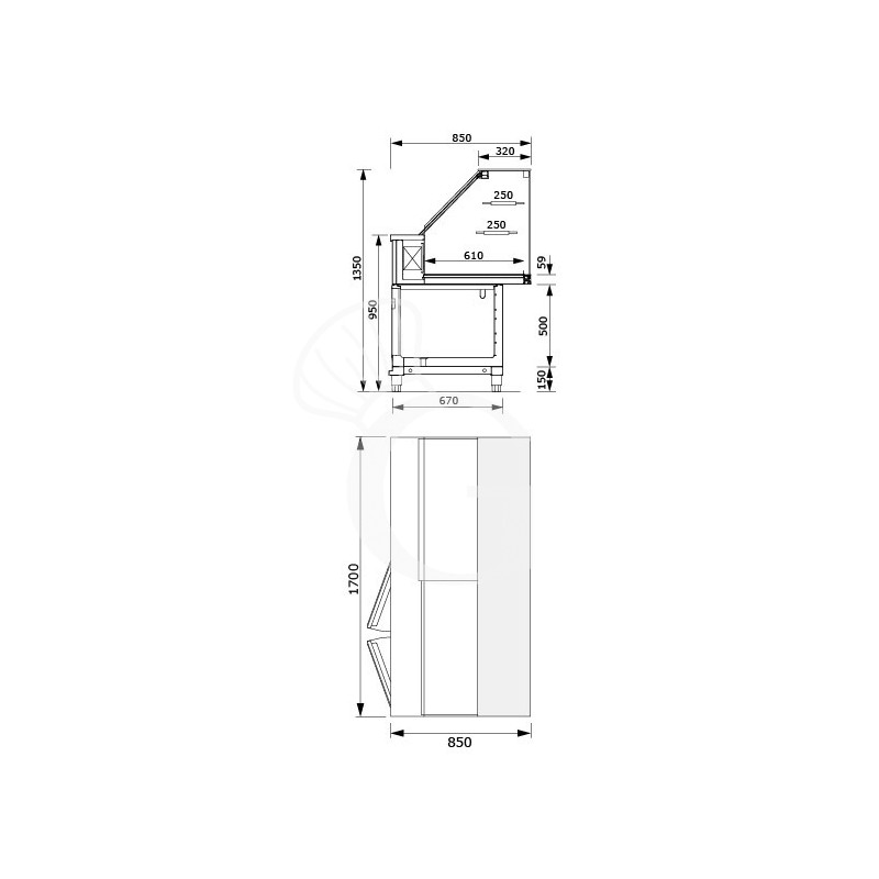 Vetrina refrigerata statica con cella di riserva 2 vani, 2 ripiani, temp. +4°C/+8°C, L 1700 mm