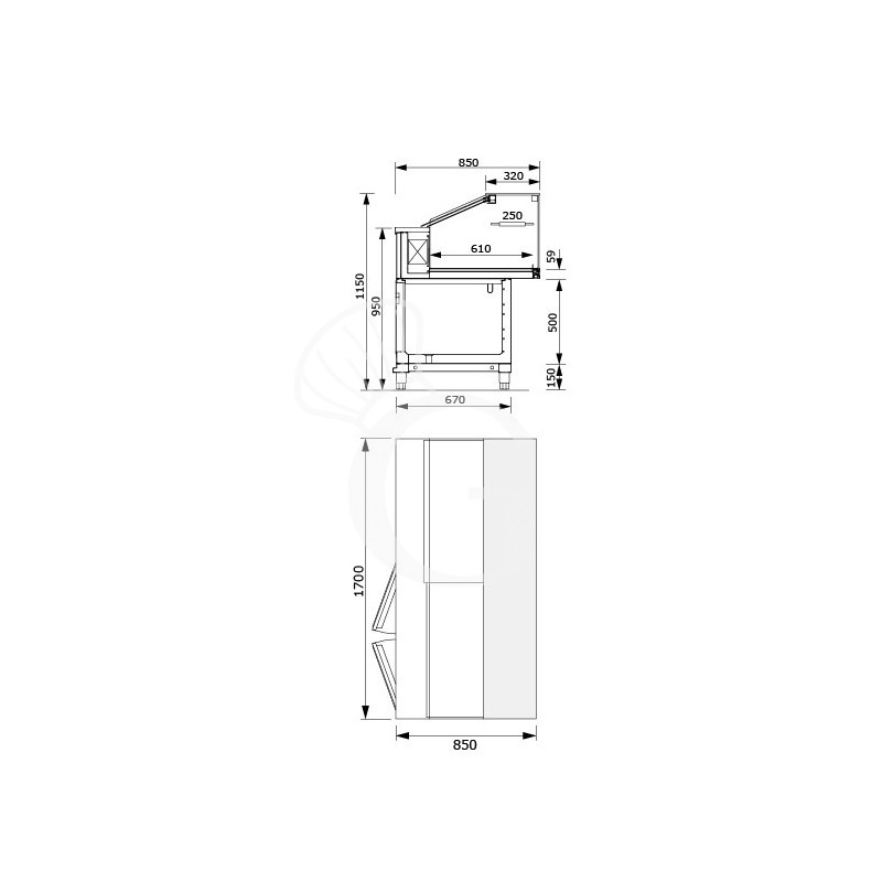 Vetrina refrigerata statica con cella di riserva 2 vani, 1 ripiano, temp. +4°C/+8°C, L 1700 mm