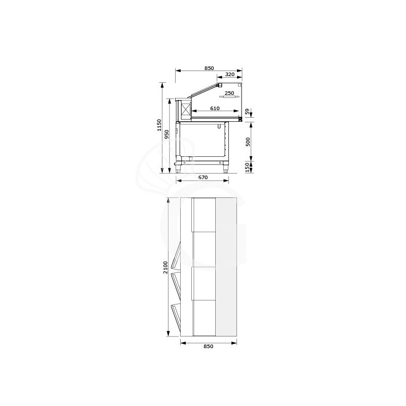 Vetrina refrigerata statica con cella di riserva 2 vani, 1 ripiano, temp. +4°C/+8°C, L 2100 mm