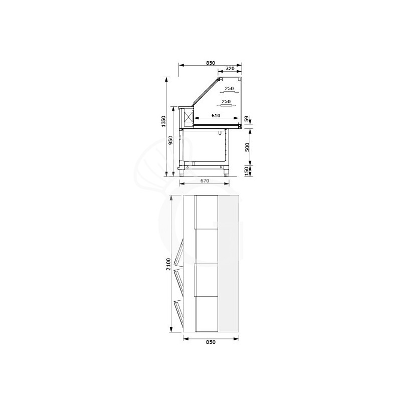 Vetrina refrigerata statica con cella di riserva 3 vani, 2 ripiani, temp. +4°C/+8°C, L 2100 mm