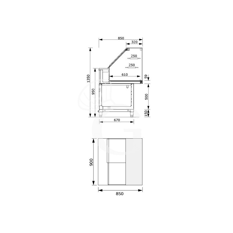 vetrina calda a secco 2 ripiani temp 55c l 900 mm