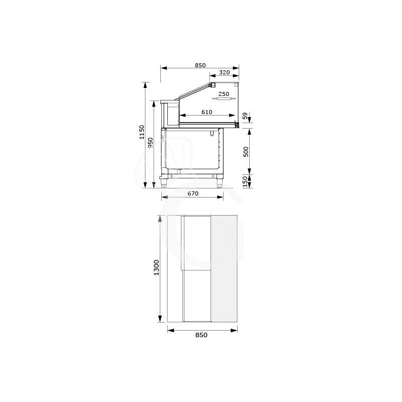 vetrina calda a secco 1 ripiano temp 55c l 1300 mm