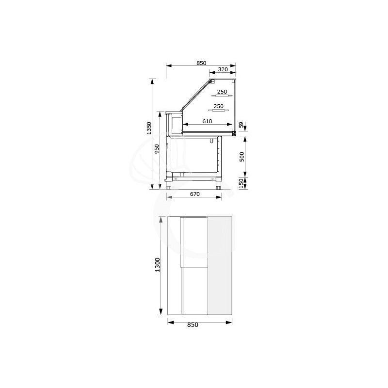 vetrina calda a secco 2 ripiani temp 55c l 1300 mm