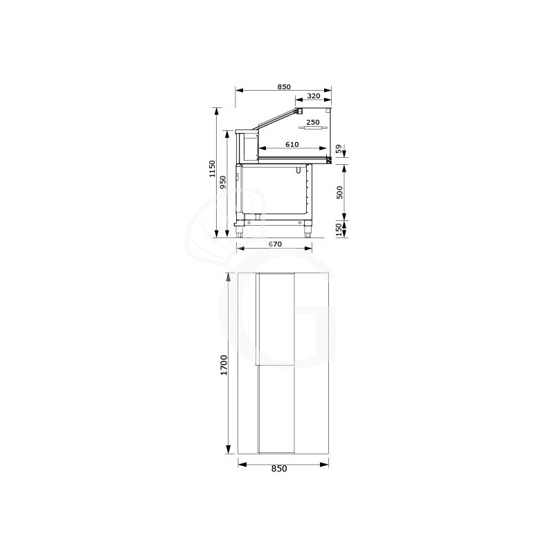 vetrina calda a secco 1 ripiano temp 55c l 1700 mm