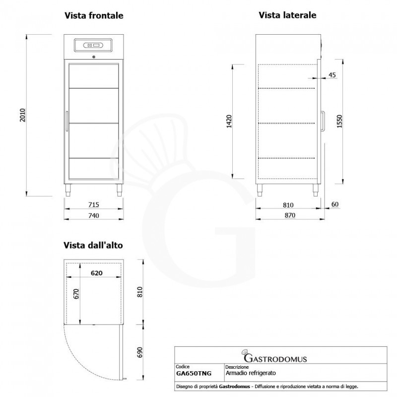 Armadio refrigerato ventilato  porta in vetro - 2°C/ +8°C 650 LT