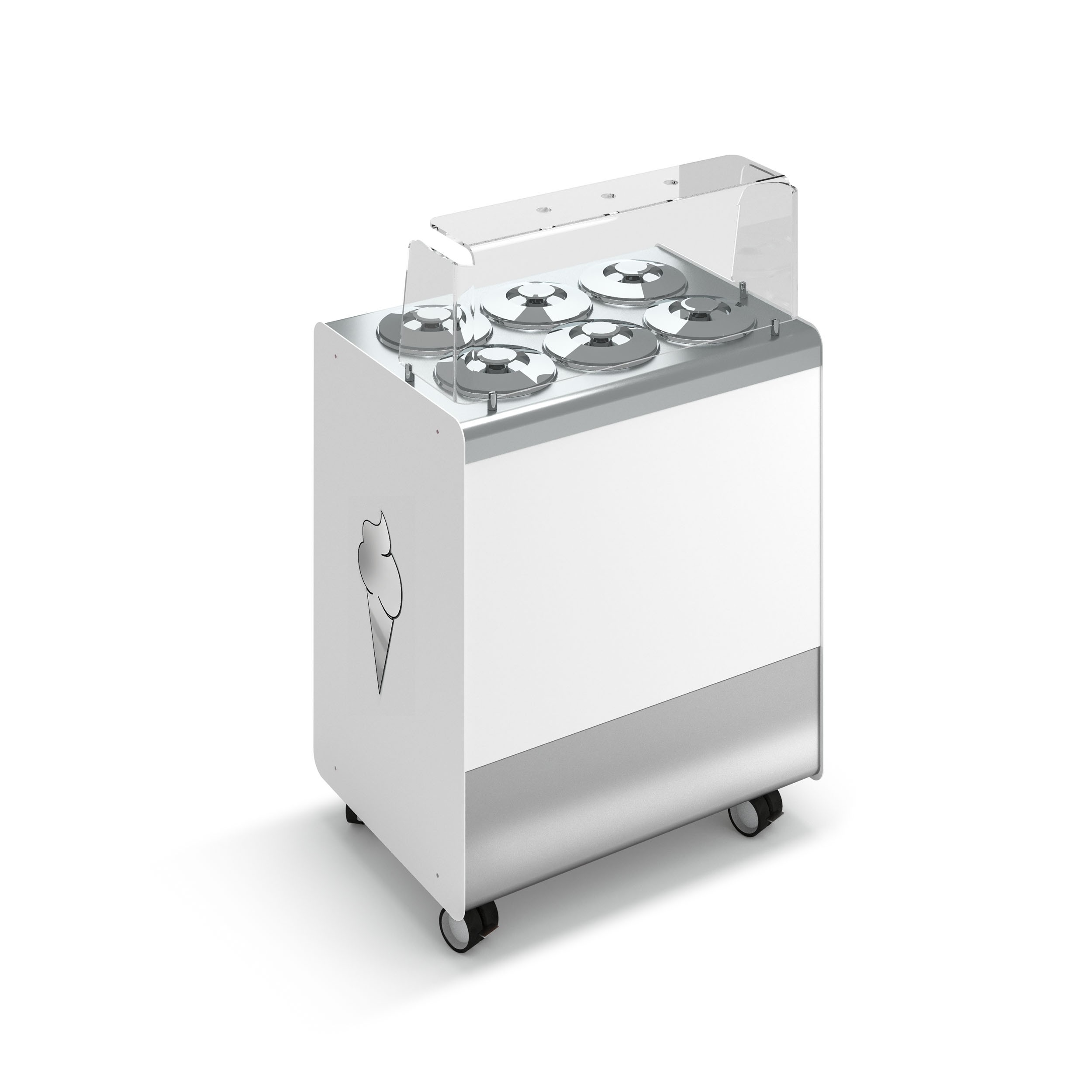Banco gelato ventilato su ruote Joy 6 pozzetti con riserva, L 866 x P 604 x H 1005 mm
