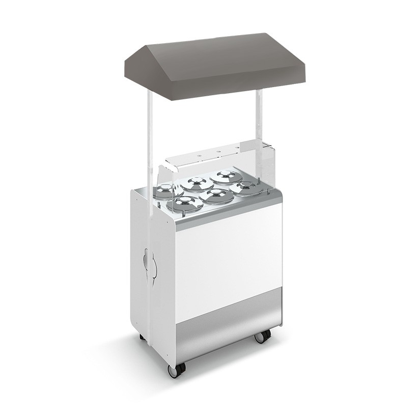 Banco gelato ventilato su ruote Joy 6 pozzetti con riserva e cappottina telescopica grigia, L 866 x P 856 x H 2170 mm