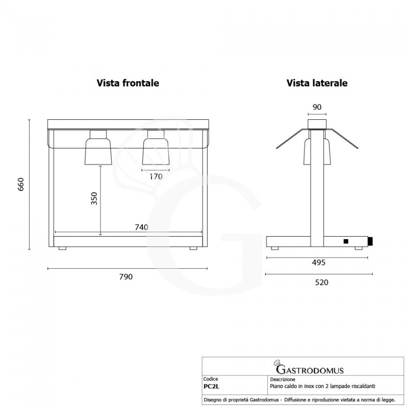 Piano caldo in inox con 2 lampade riscaldanti - 1,1 KW
