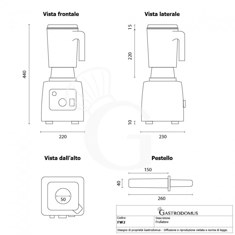 Frullatore struttura in ABS 1 bicchiere in policarbonato 2 LT, 22.000 rpm, 1,3 KW