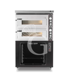 Forno Elettrico 2 camere per 4+4 pizze Ø 350 mm, controllo meccanico, completo di cappa inox e cella di lievitazione nera