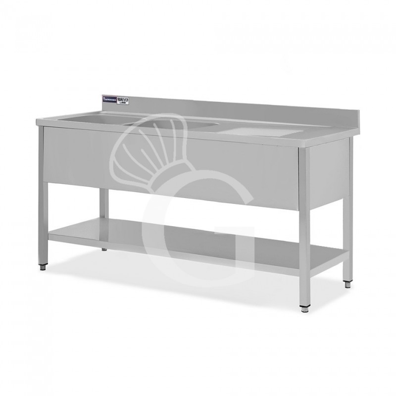 Lavello semplice con alzatina, 1 ripiano, 2 vasche, gocciolatoio a destra, L2000xP600xH965mm - con foro rubinetto Ø 32 mm