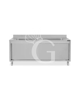 Lavatoio su armadio, porte scorrevoli, 2 vasche, alzatina, L 2000 x P 600 x H 965 mm - con foro rubinetto Ø 32 mm