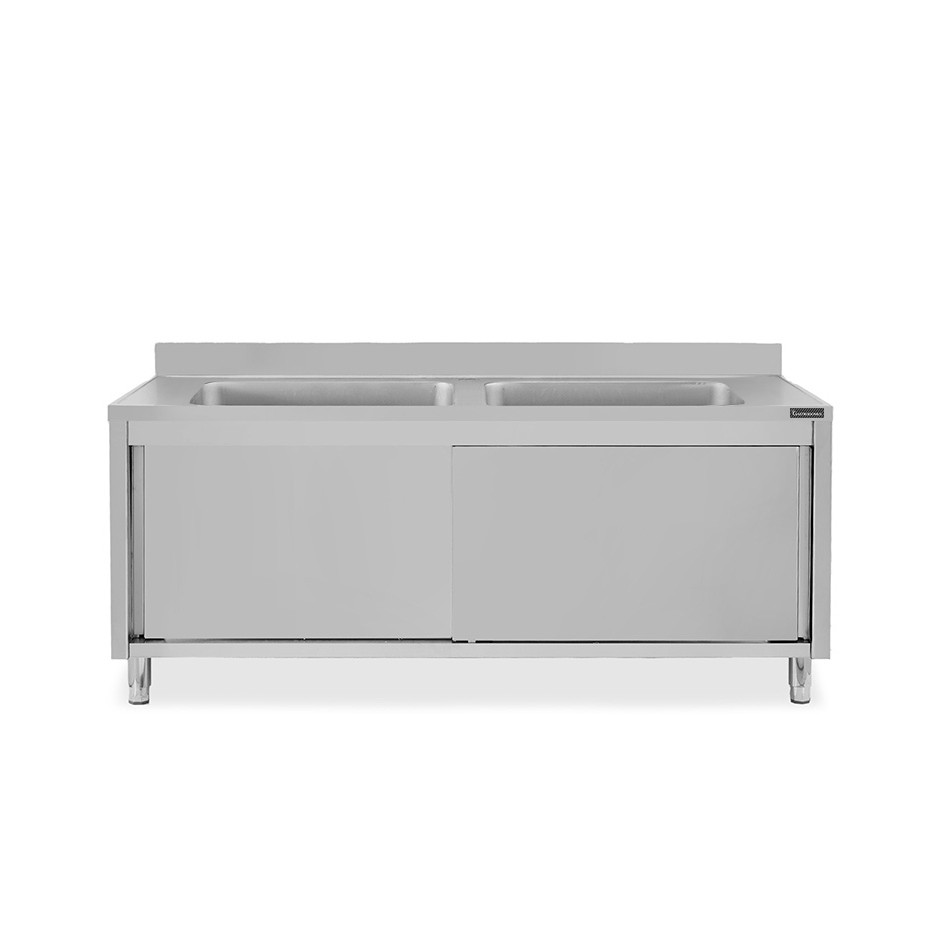 Lavatoio su armadio, porte scorrevoli, 2 vasche, alzatina, L 2000 x P 600 x H 965 mm - con foro rubinetto Ø 32 mm