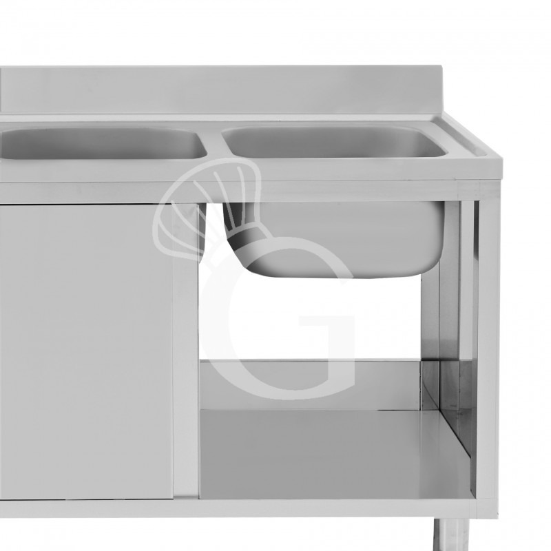 Lavello armadiato con porte scorrevoli,2 vasche,gocciolatoio a sinistra,L 1900 x P 600 x H 965 mm - con foro rubinetto Ø 32 mm
