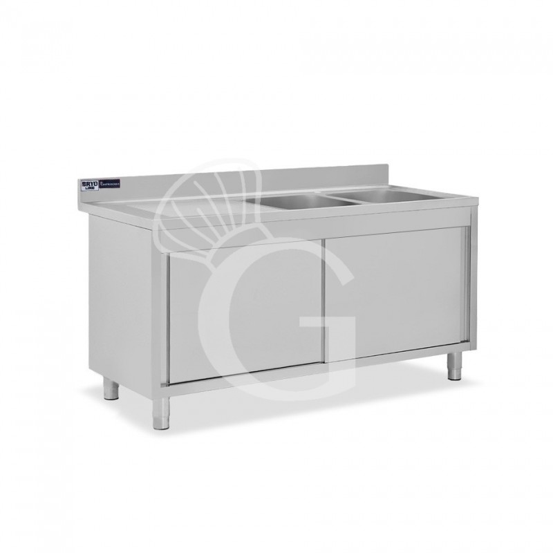 Lavello armadiato con porte scorrevoli,2 vasche,gocciolatoio a sinistra,L 1900 x P 600 x H 965 mm - con foro rubinetto Ø 32 mm