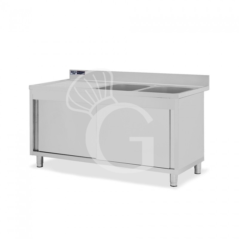 Lavello armadiato con porte scorrevoli,2 vasche,gocciolatoio a sinistra,L 1900 x P 600 x H 965 mm - con foro rubinetto Ø 32 mm