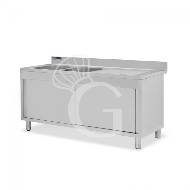 Lavello armadiato con porte scorrevoli,2 vasche,gocciolatoio a destra,L 2000 x P 700 x H 965 mm - con foro rubinetto Ø 32 mm