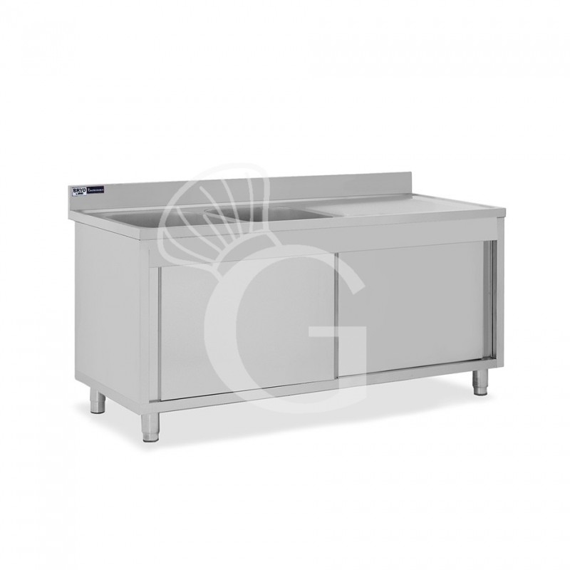 Lavello armadiato con porte scorrevoli,2 vasche,gocciolatoio a destra,L 2000 x P 700 x H 965 mm - con foro rubinetto Ø 32 mm