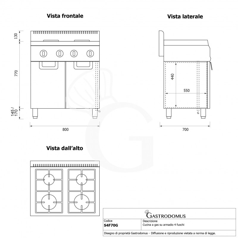 Cucina professionale a gas 4 fuochi armadio chiuso profondità 700 mm
