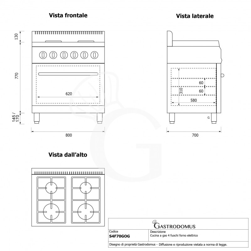 Cucina professionale a gas 4 fuochi forno elettrico statico profondità 700 mm