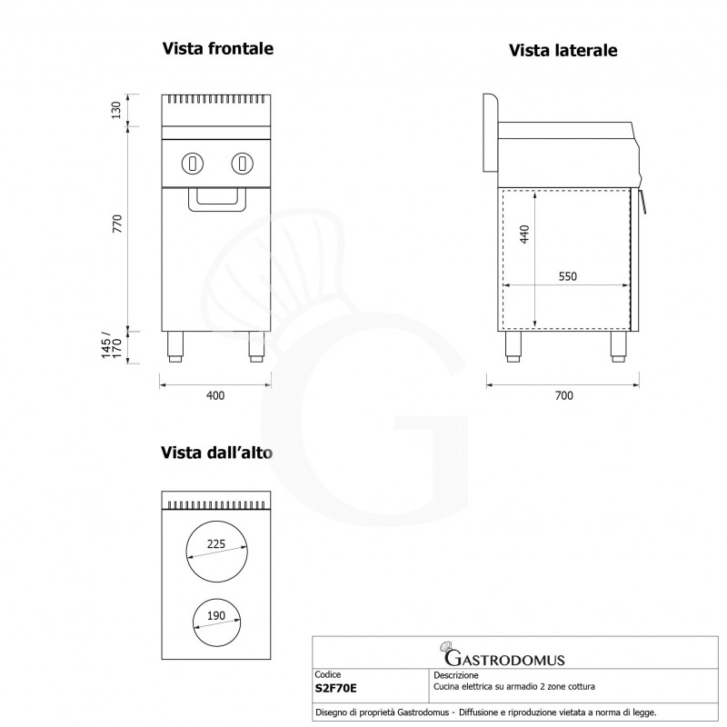 Cucina professionale elettrica 2 piastre su armadio chiuso profondità 700 mm