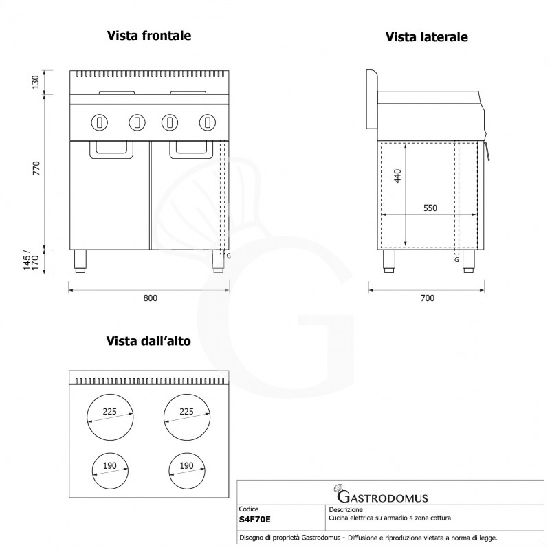 Cucina professionale elettrica 4 piastre su armadio chiuso profondità 700 mm