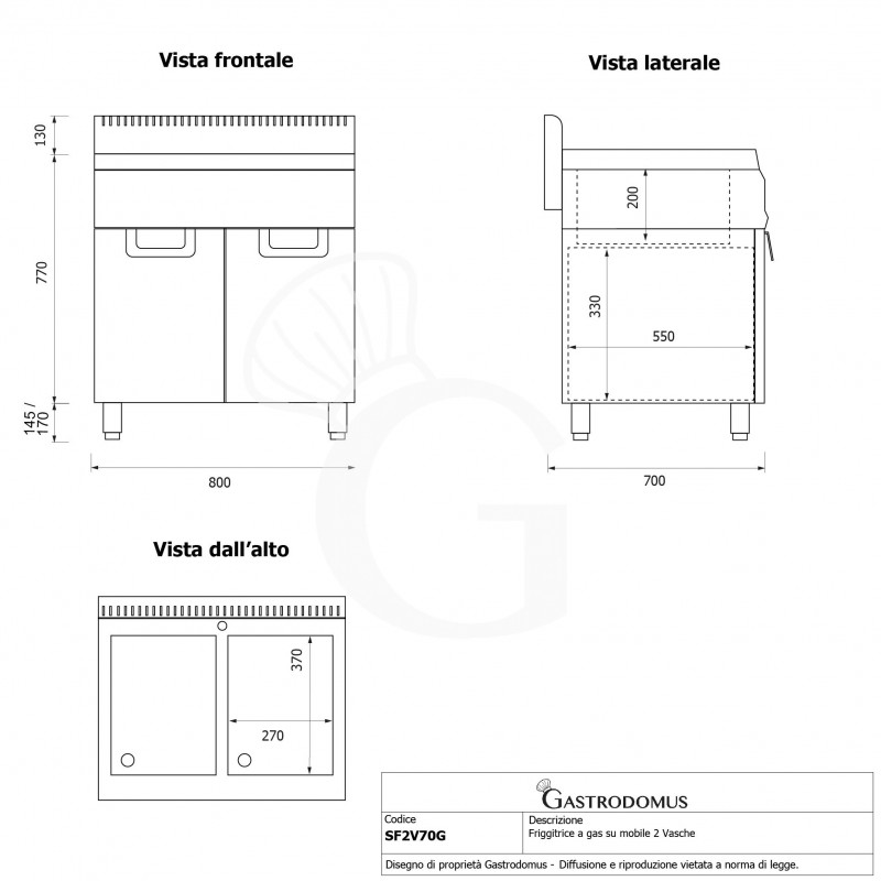 Friggitrice Professionale a gas su armadio chiuso 2 vasche 20 LT + 20 LT 31 Kw