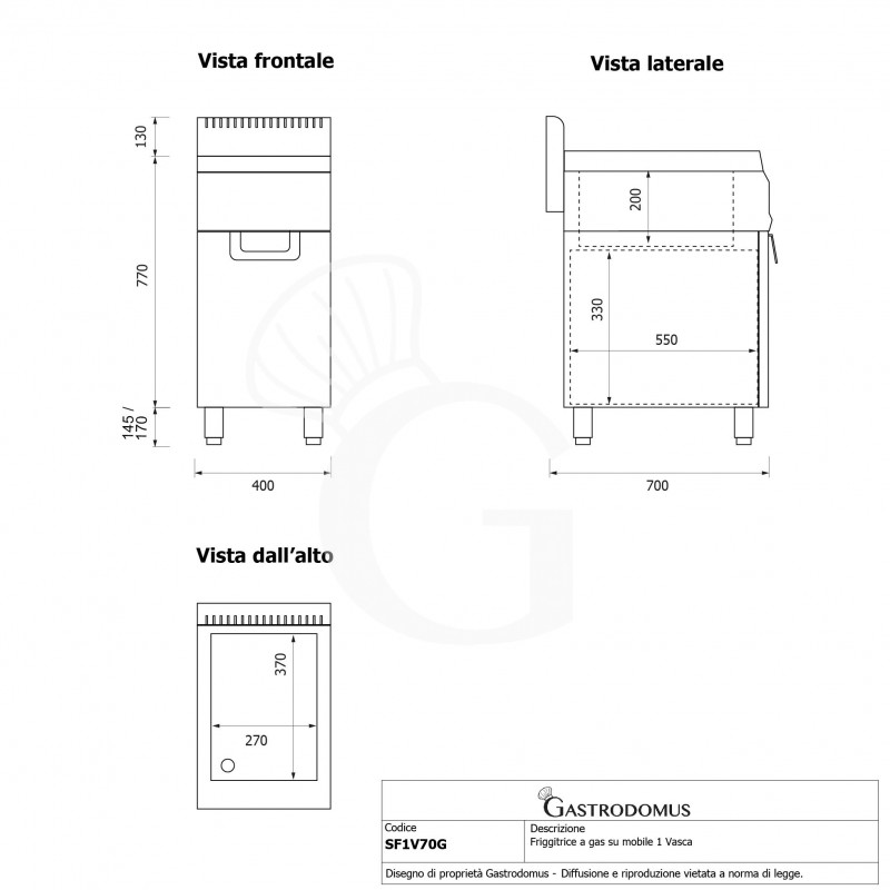 Friggitrice professionale a gas su armadio chiuso 1 vasca 20 LT 15.5 Kw