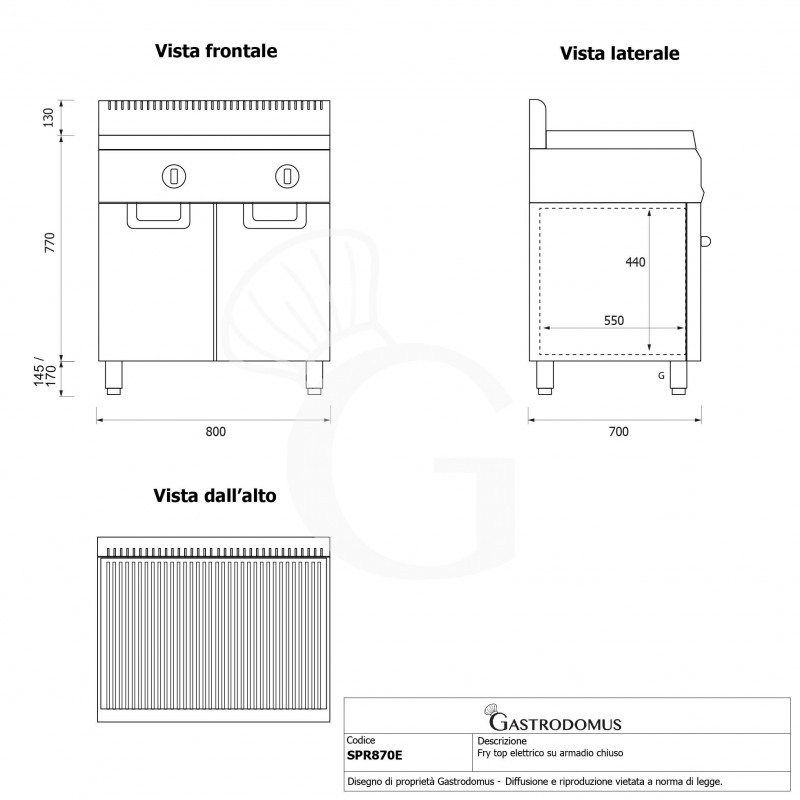 Fry Top elettrico su armadio chiuso piastra rigata singola P 700 mm
