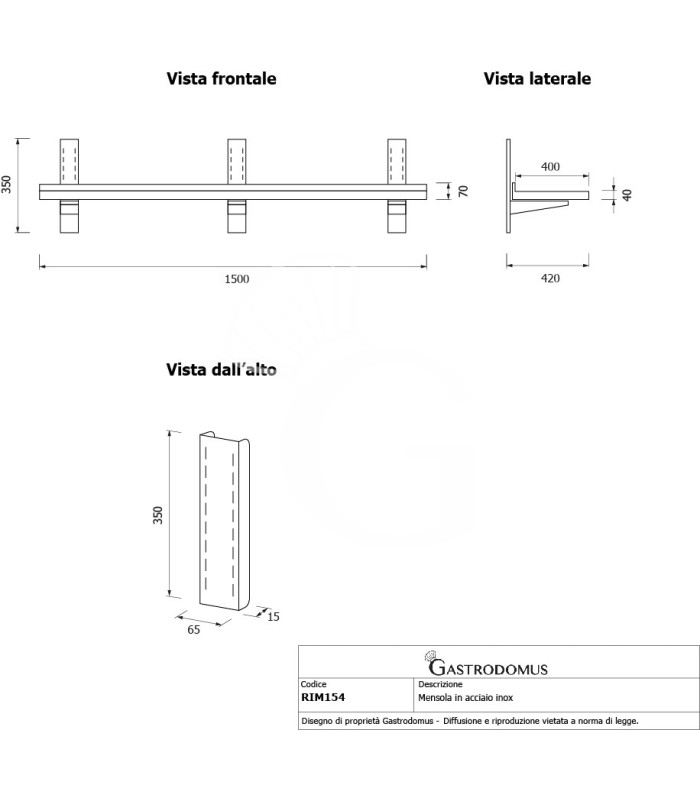 Ripiano in acciaio inox singolo, L 1500 mm x P 400 mm x H 350 mm
