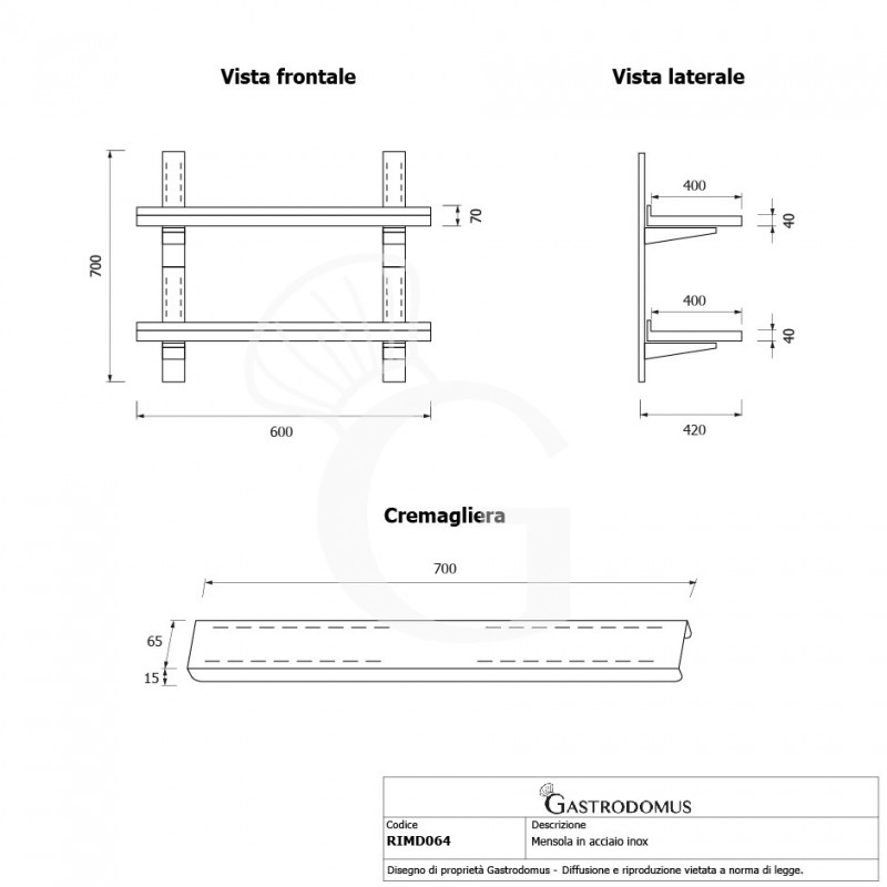 Mensola in acciaio inox doppia, L 600 mm x P 400 mm x H 700 mm