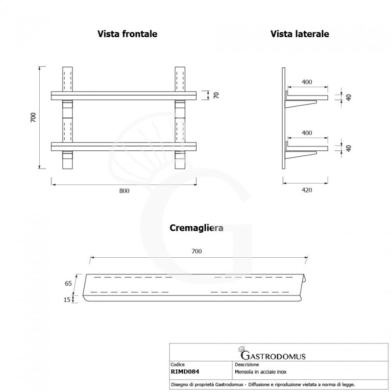 Ripiano in acciaio inox doppio, L 800 mm x P 400 mm x H 700 mm