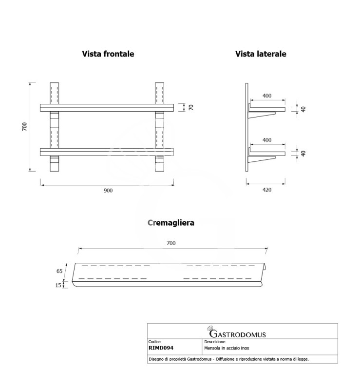 Mensola in acciaio inox doppia, L 900 mm x P 400 mm x H 700 mm