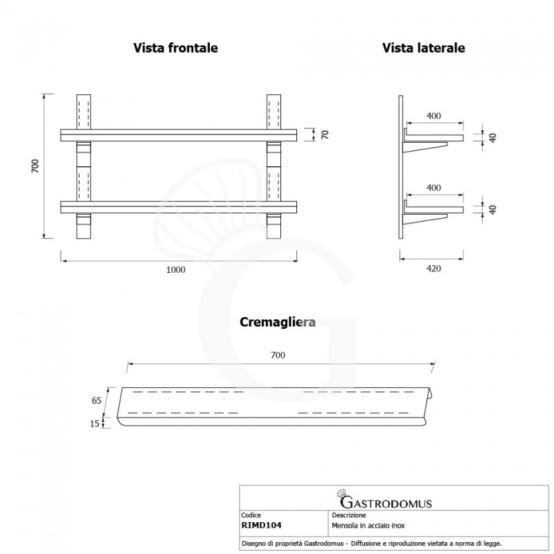 Ripiano in acciaio inox doppio, L 1000 mm x P 400 mm x H 700 mm