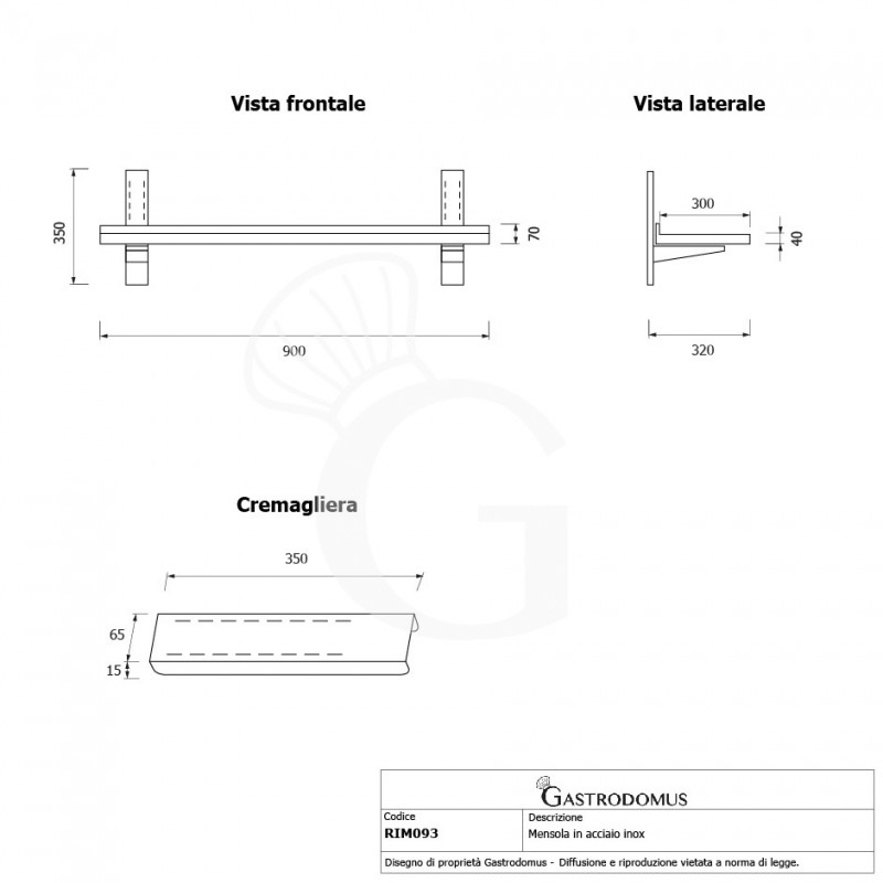 Mensola in acciaio inox singola, L 900 mm x P 300 mm x H 350 mm