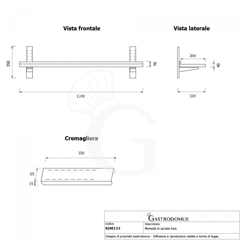 Ripiano in acciaio inox singolo, L 1300 mm x P 300 mm x H 350 mm