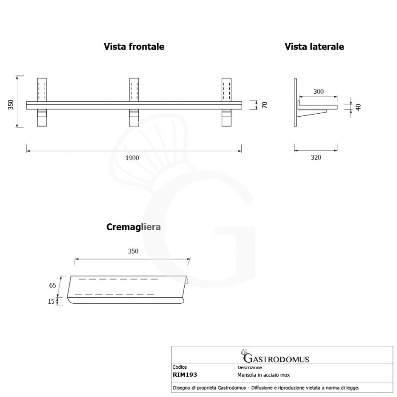 Mensola in acciaio inox singola, L 1900 mm x P 300 mm x H 350 mm