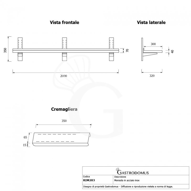 Mensola in acciaio inox singola, L 2000 mm x P 300 mm x H 350 mm
