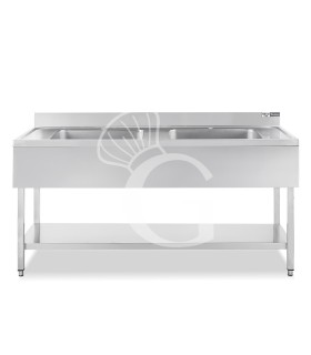 Lavello semplice con alzatina, 1 ripiano, 2 vasche, 2 gocciolatoi, L1800xP700xH965mm - con foro rubinetto Ø 32 mm