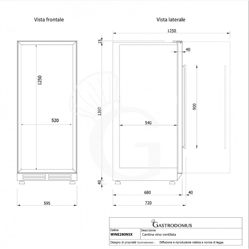 Cantina Vino Ventilata porta inox 280 LT 8 ripiani 89 bottiglie +5°C/+22°C