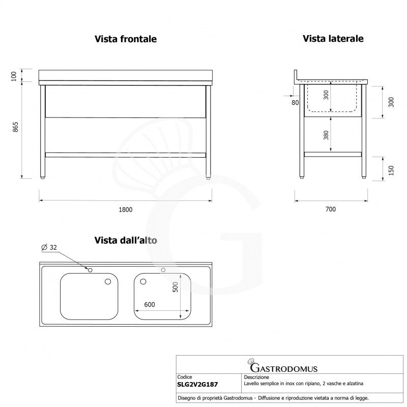 Lavello semplice con alzatina, 1 ripiano, 2 vasche L1800xP700xH965mm - con 2 fori rubinetto Ø 32 mm